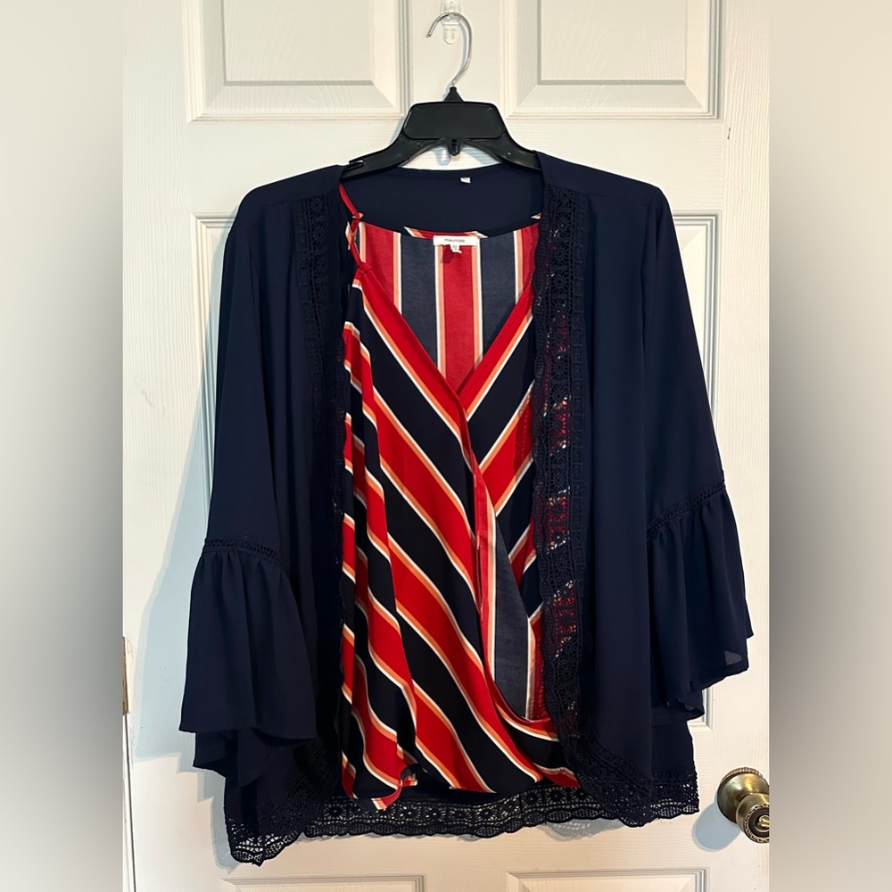 Maurices Navy and Red Striped Tank with Kimono Jacket
